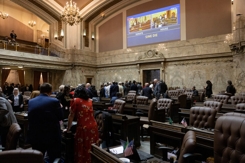 Legislators and staff wait for the final gavel on the last day of the 2024 Legislature at the state Capitol on Thursday, March 7.