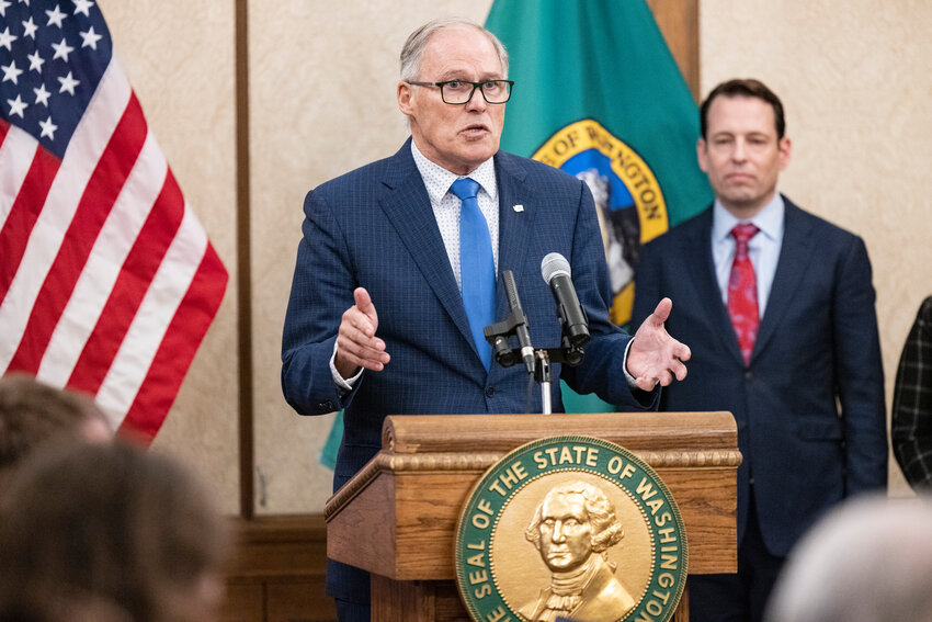 Gov. Jay Inslee speaks to the media on the last day of the 2024 Legislature at the state Capitol on Thursday, March 7.