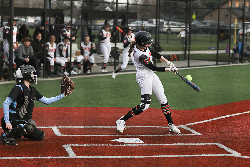 Lauren Wasson hits a line drive during a jamboree at Recreation Park in Chehalis on Mar. 8.