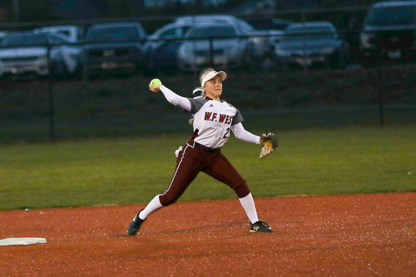 Avalon Myers fires to first to try and turn a double play during a jamboree at Recreation Park in Chehalis on Mar. 8.