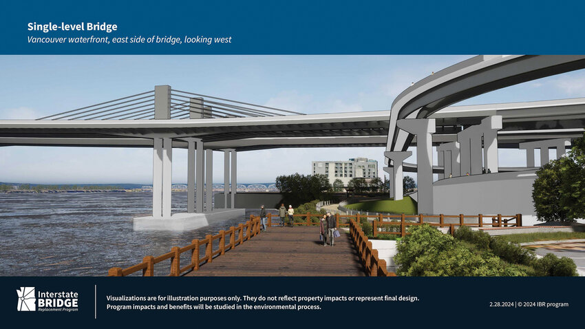 The Interstate Bridge Replacement Program board unveiled new renderings of the replacement Interstate 5 bridge over the Columbia River. A final design has not been selected as of now. Designs include four single-level bridges, one double-level bridge and a moveable bridge.