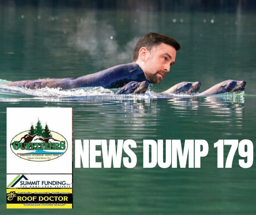 News Dump host Aaron VanTuyl swims in the Lewis River with his good friends, the salmon-eating sea lions, in this unaltered photo.