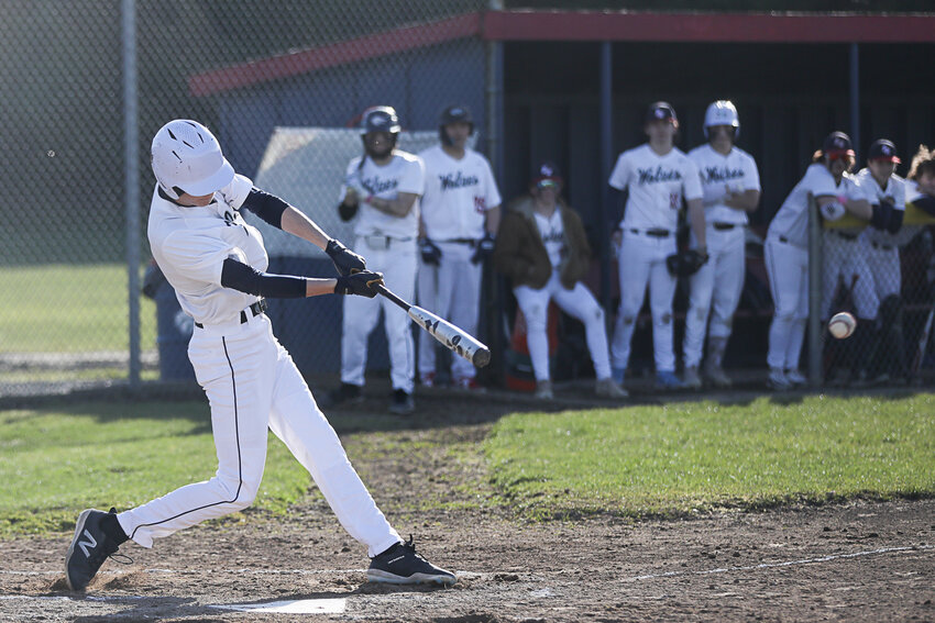 Blake Klinger goes the opposite way for a base hit during Black Hills' loss to Montesano on Mar. 14.
