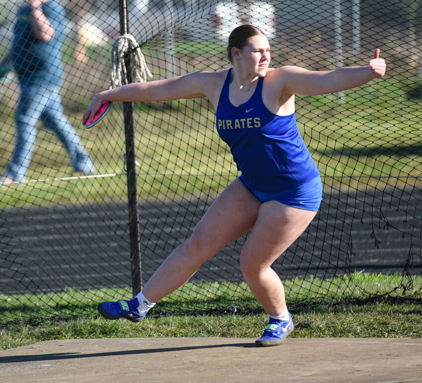 Adna's Lillian Boyd fires the discus during a co-ed meet in Adna on March 14.
