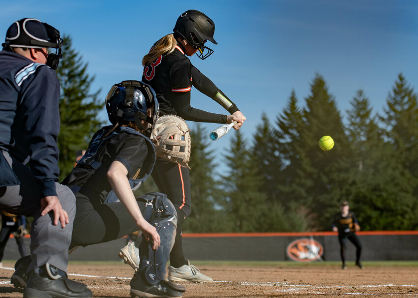 Hayden Kaut swings at a pitch during Napavine&rsquo;s extra-inning win over Ilwaco on Thursday, March 14.
