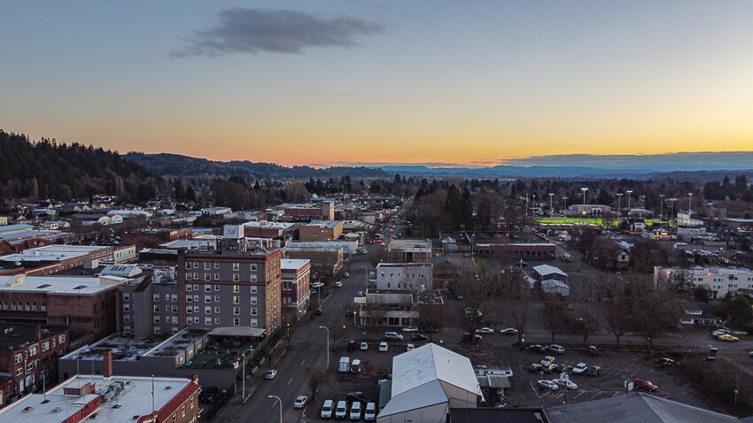 Downtown Centralia is pictured from above at sunset in February 2024.