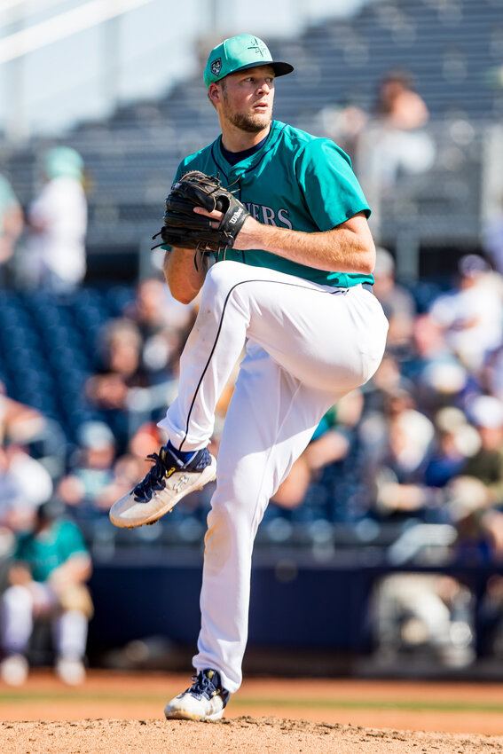 Ty Buttrey #31 of the Seattle Mariners pitches during the Spring Training game against the San Francisco Giants at Peoria Sports Complex on March 10, 2024 in Peoria, Arizona. (Photo by John E. Moore III/Getty Images/TNS)