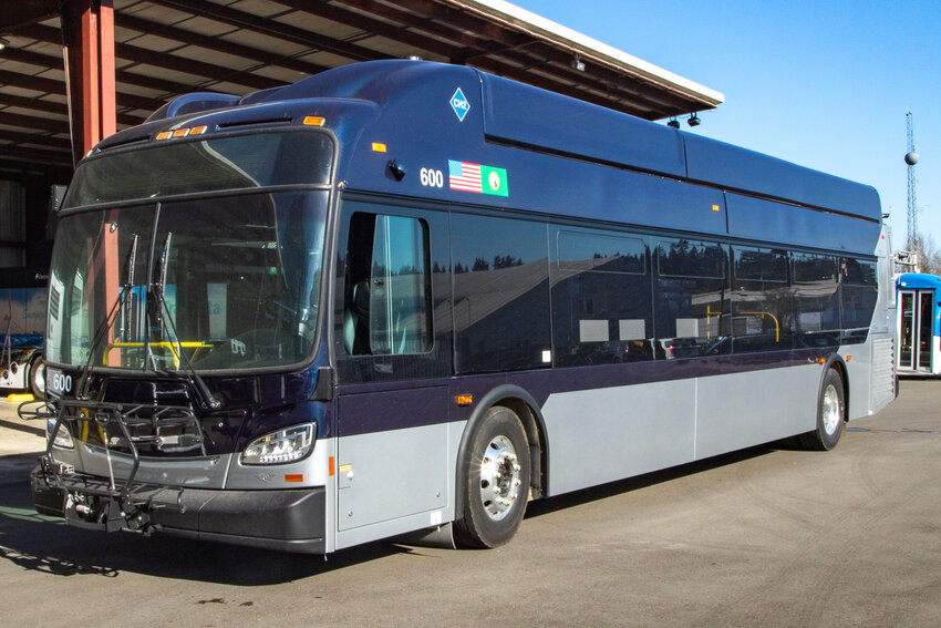 Lewis County Transit's first hydrogen fuel cell bus sits parked at the Transit's headquarters in Centralia after being delivered from Alabama on Monday, March 18.
