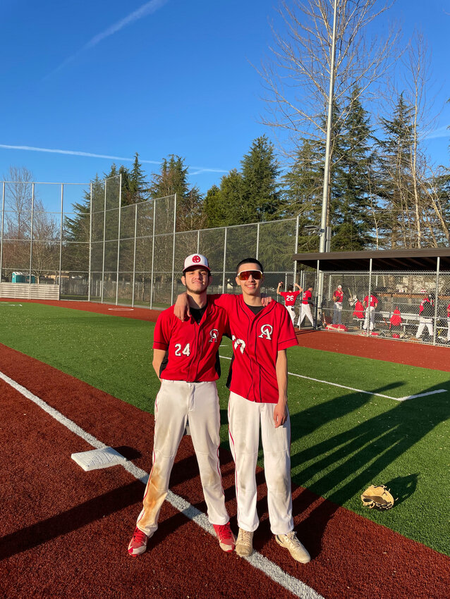 Gio Rodas (left) and Daniel Rodas (right) poses for a photo after tossing a combined no-hitter against Muckleshoot Tribal on March 18.