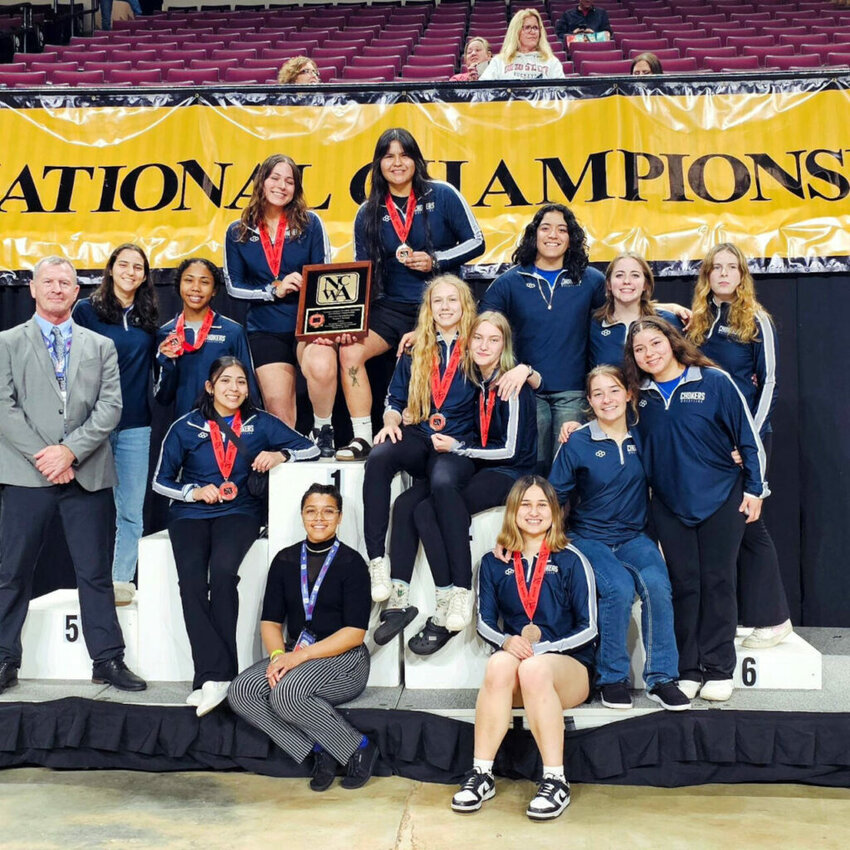 Led by national champions Renaeh Ureste (top left) and JoJera Dodge (top right), the Grays Harbor College women&rsquo;s wrestling team won the NCWA National Championship on Saturday in Bossier City, Louisiana. Head coach Kevin Pine (far left) was named National Women&rsquo;s Coach of the Year.