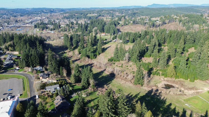 Part of the potential future site of a housing development near Seminary Hill in Centralia is photographed from above on Tuesday, March 19. The Centralia Armory is pictured at bottom left.
