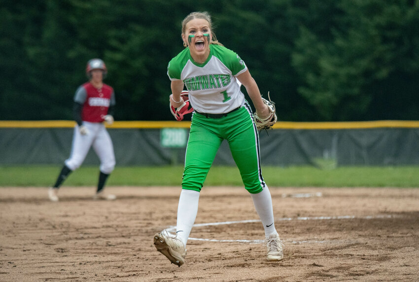 Ella Ferguson celebrates after throwing the game-ending strike during Tumwater&rsquo;s win over W.F. West on Wednesday March 20.
