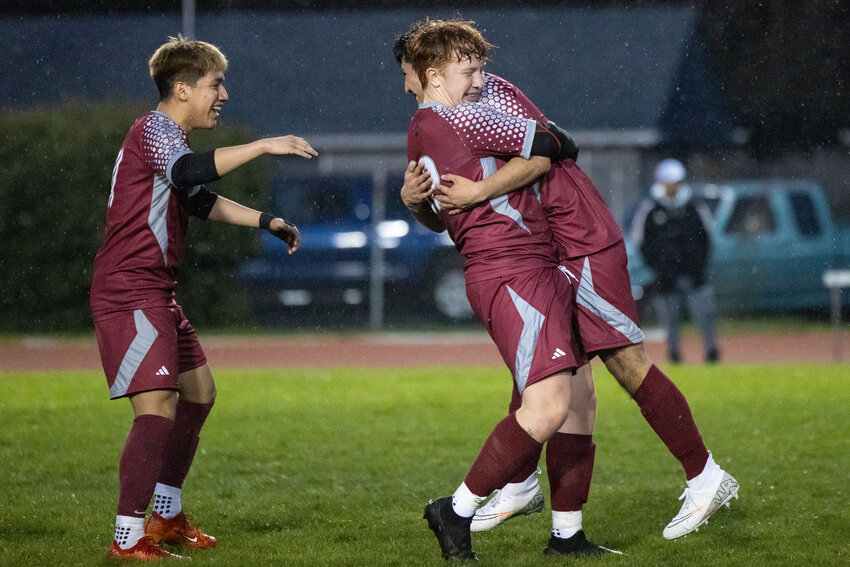 W.F. West&rsquo;s Moises Sanchez-Hernandez (17) celebrates a goal during a soccer game at W.F. West High School in Chehalis on Wednesday, March 20.
