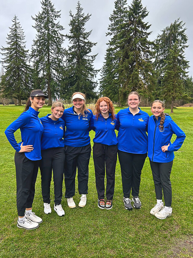Members of the Adna girls golf team &mdash; from left to right, Charissa Schierman, Emma Elder, Jaylee Humphrey, Molly Powell, Kalli Christian, and Lilly Naillon &mdash; pose for a photo after Adna's win over Mary M. Knight on March 20.