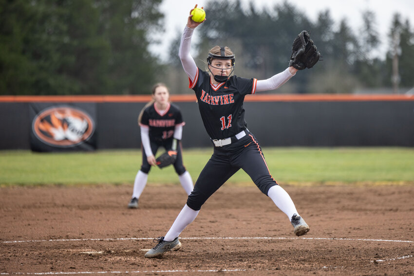 Napavine's Hannah Fay (11) pitches the ball during a softball game against Mossyrock at Napavine High School on Thursday, March 21.