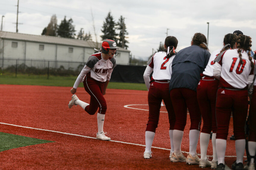 Monroe Dalrymple approaches home plate to celebrate after a home run during W.F. West's win over Centralia on March 22.