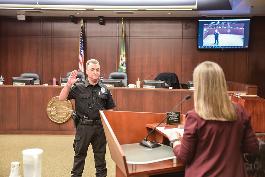 Dennis Flynn took the oath of office as Battle Ground&rsquo;s new Chief of Police on March 18. Flynn emphasizes openness and transparency before Battle Ground City Council and residents.