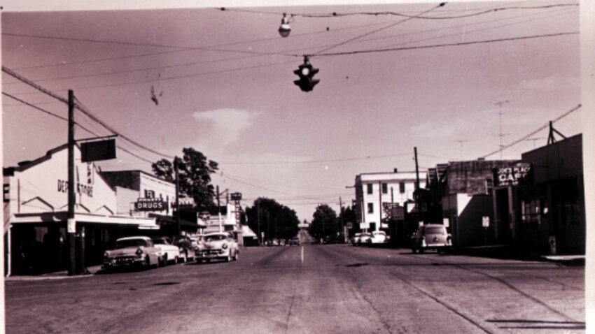First Street and Yelm Avenue, date unknown, was known as the location of Yelm's only stoplight.