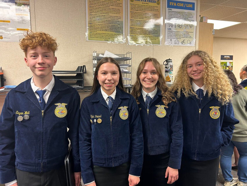 Yelm FFA&rsquo;s Leadership Development Event state qualifiers Eagen Wall, Kyla Poland, Alivia Sage and Emma Faw pose for a photo.