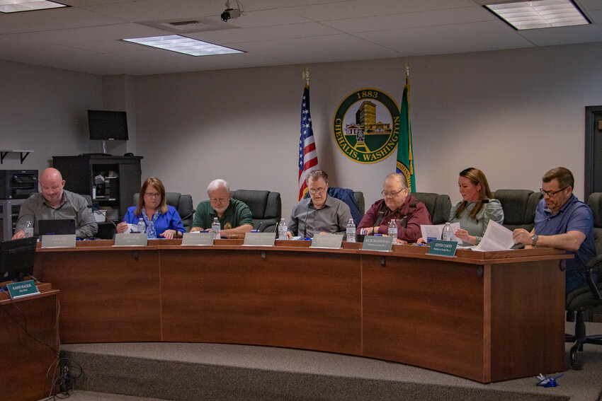 From the left, Chehalis City Councilors John Six, Jody Kyes, Bob Spahr, Mayor Tony Ketchum, Mayor Pro Tem Daryl Lund, Kate McDougall and Kevin Carns during a regular council meeting on Monday, March 25.