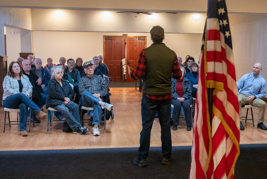 Joe Kent speaks during a Washington GOP town hall event at the Gibson House in Centralia on Tuesday, March 26.