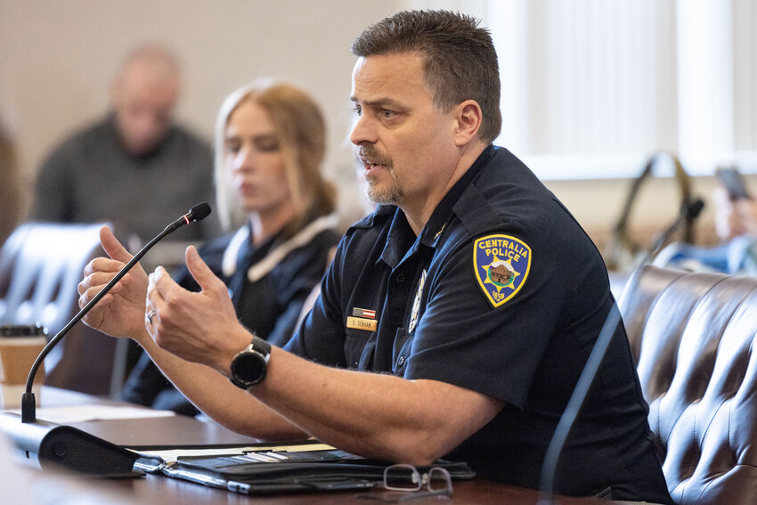Centralia Chief of Police Stacy Denham speaks during a public hearing in Chehalis on Tuesday, March 26.