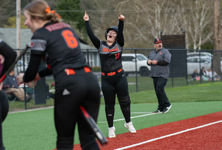 Chloe Bonomi celebrates on her way to home plate after hitting a home run during Centralia&rsquo;s win over Black Hills at Recreation Park in Chehalis on Wednesday, March 27.
