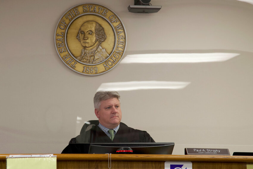 Lewis County Superior Court Commissioner Paul A. Strophy presides over preliminary hearings in Chehalis in February 2023.