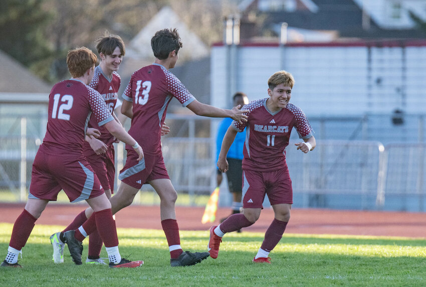 Uzi Lopez Cruz (11) celebrates his second goal of the night during a match between W.F. West and Rochester in Chehalis on Friday March 29.