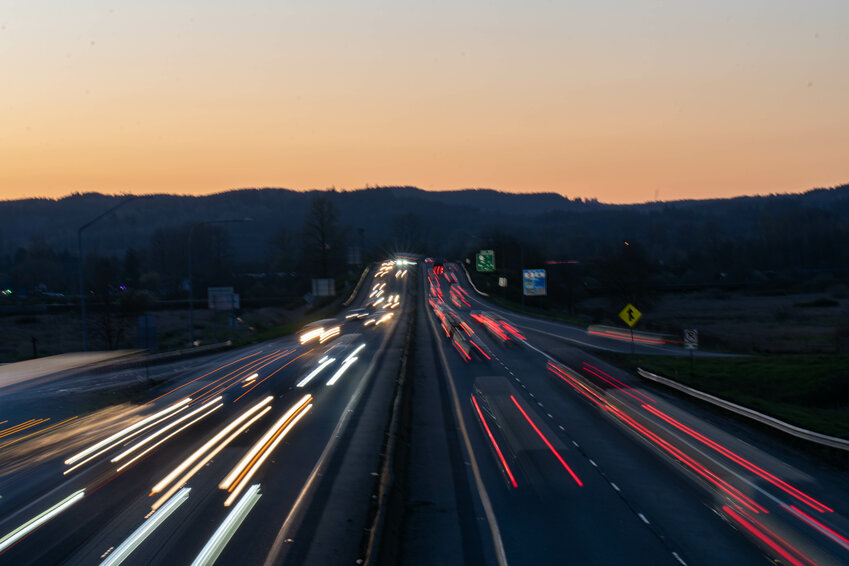 A long exposure photo is taken from the SW Parkland Dr. overpass on I5 in Chehalis at sunset on Friday March 29.