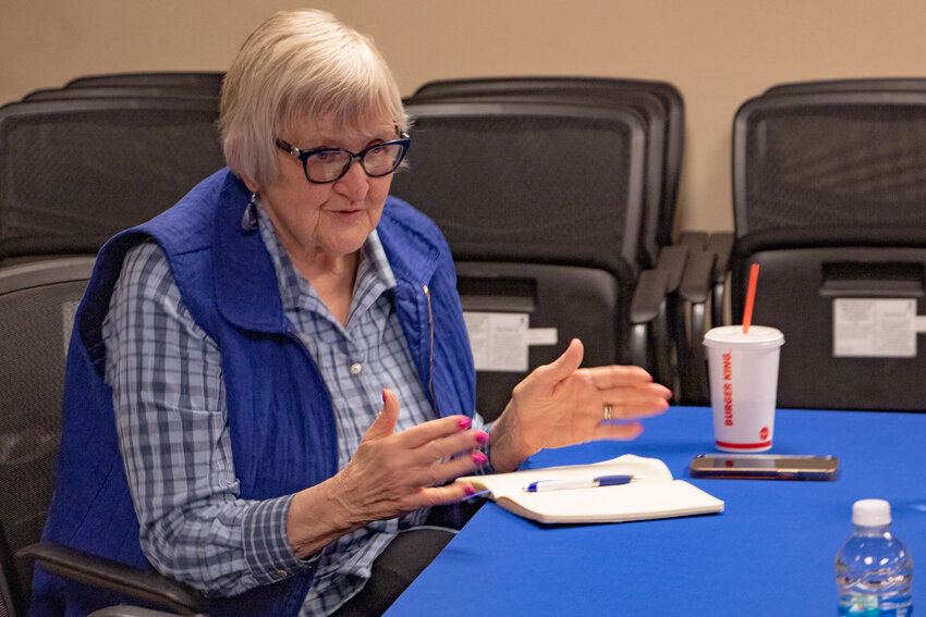 Lewis County Broadband Action Team Vice Chair Edna Fund discusses medical providers wanting better broadband access in rural Lewis County on Tuesday, April 2, during a broadband roundtable discussion with 3rd District U.S. Rep Marie Glusenkamp Perez in Chehalis.