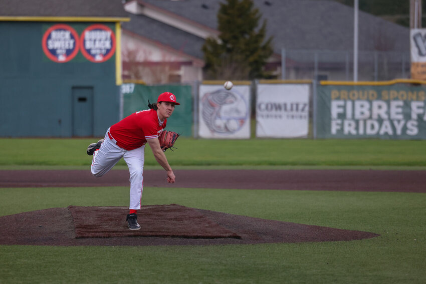 LCC's Hunter Lutman pitches during a home game against Everett on March 2. Lutman, a W.F. West grad, committed to continue his baseball career at Utah Valley last week.