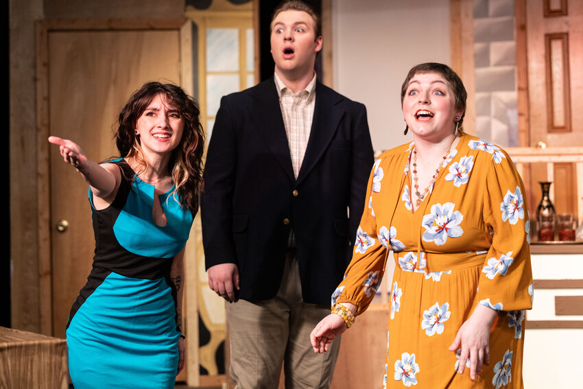 From the left, Sooz Watkins, Sean-Patrick McNeal and Sarah Amador act out a scene during dress rehearsal for &ldquo;Noises Off&rdquo; at Evergreen Playhouse in Centralia on Monday, April 8. The production runs through April 11 to the 28.