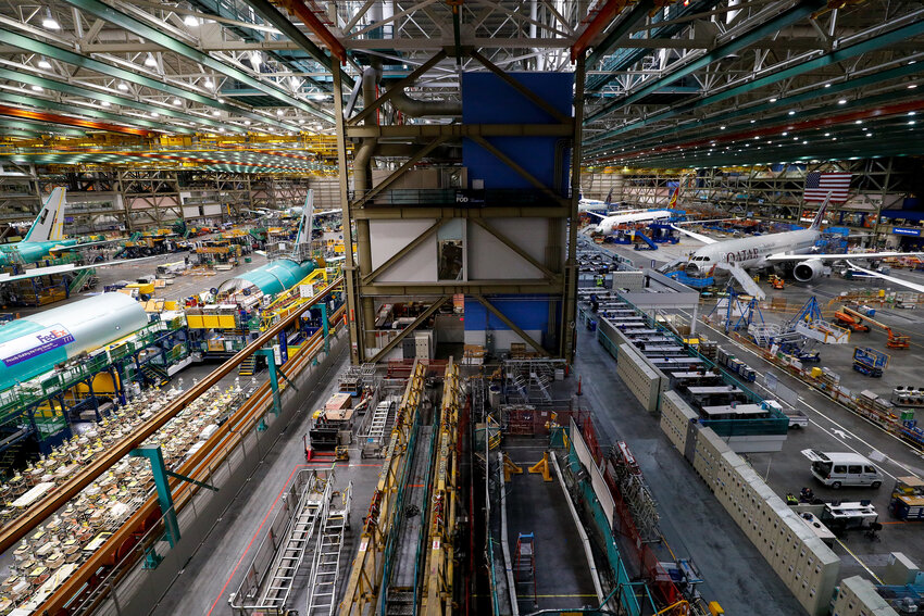 The 777 factory line, left, is seen next to the 787 line, right, at Boeing&rsquo;s Everett Production Facility Wednesday, June 15, 2022 in Everett, Wash.