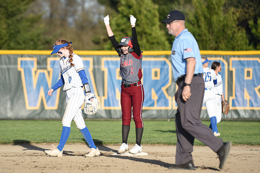 W.F. West's Gracie Elam celebrates after a go-ahead two-run base hit during W.F. West's win over Rochester on April 10.