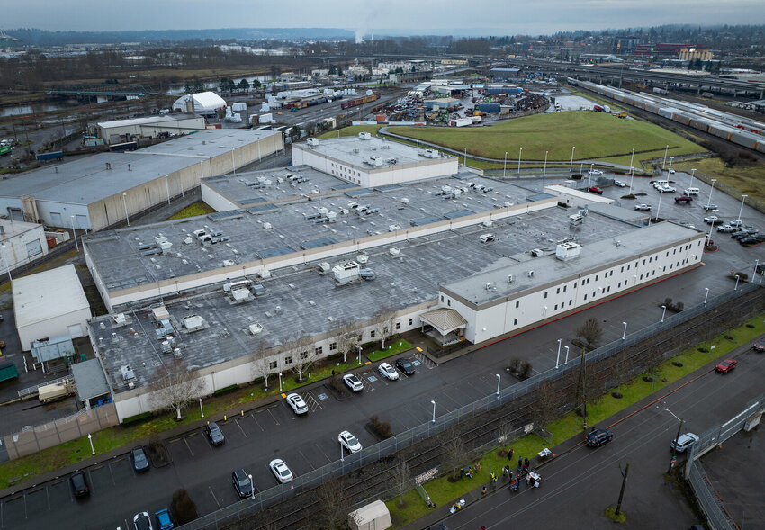 The Northwest ICE Processing Center, seen from the air, Sunday, Feb. 18, 2024, in Tacoma, where Japanese American organizers from Tsuru for Solidarity joined local immigrant rights group La Resistencia in a protest to call for its shutdown.