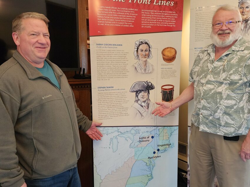 Stephen Pahre, of Edgewood, pictured with his uncle, Stuart Halsan, of Centralia. They are direct descendants of Stephen Tainter, a drummer who enlisted in the American Revolution. Tainter had served in the war for eight years by the time he was 24 years old.