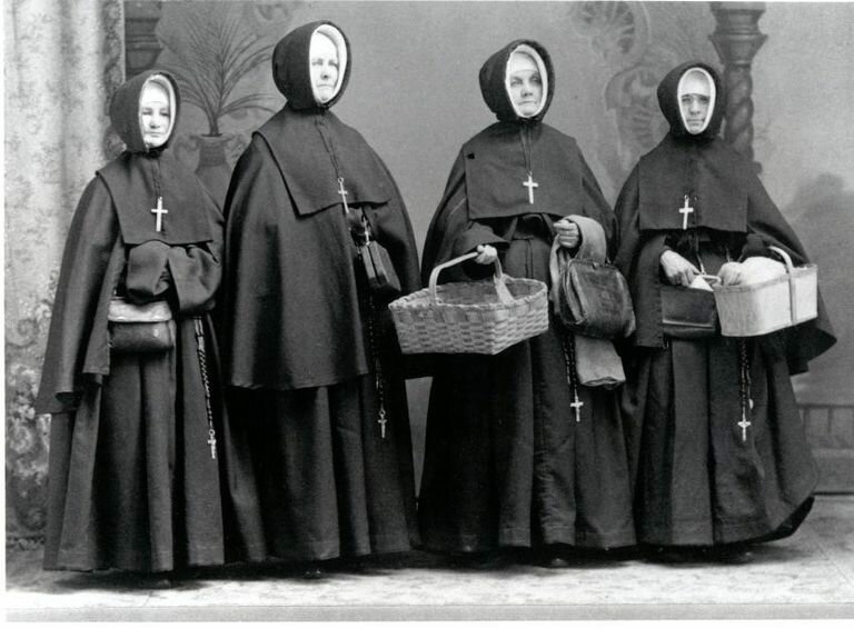 Early day Sisters of Providence supported the construction and operation of their works of charity through begging tours. These fund-raising journeys to distant logging camps and mines were made by boat, by stagecoach and on horseback. circa 1890.