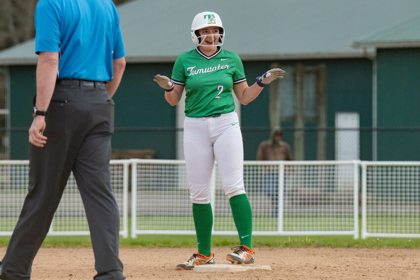 Jaime Haase celebrates after hitting a double during Tumwater&rsquo;s win over Centralia at Fort Borst Park on Monday, April 15.