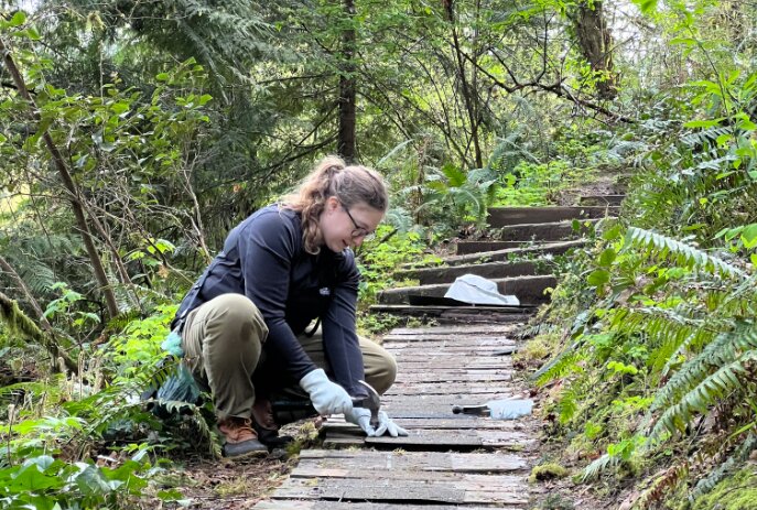 Emily Fitzgerald repairs a walkway at Seminary Hill Natural Area during Earth Day in 2023.