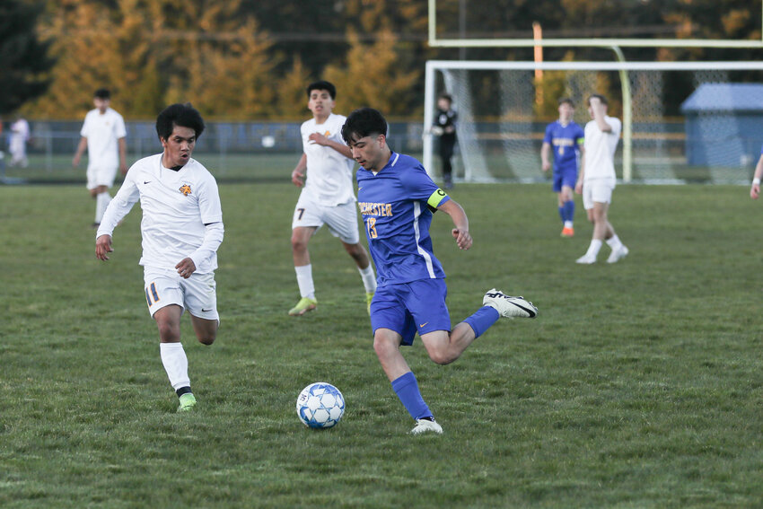 Jamie Rodriguez Meraz kicks the ball towards the box during Rochester's loss to Aberdeen on April 18.