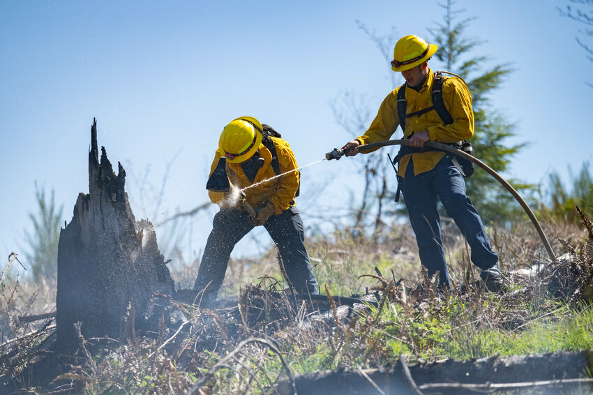 Two firefighters spray down a charred log while the Washington State Department of Natural Resources and Lewis County Fire District 5 respond to a wildfire off of Nando Lane in Napavine on Wednesday, April 17.