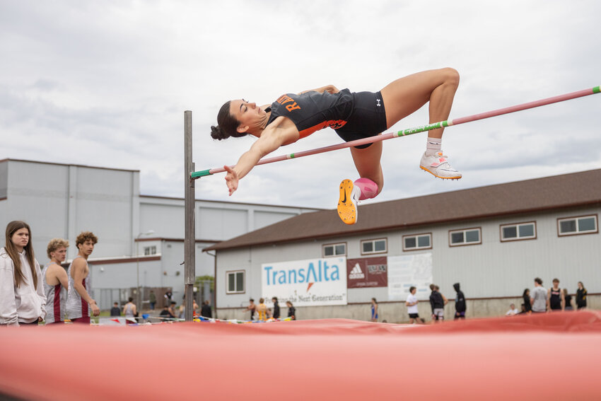 Rainier&rsquo;s Acacia Murphy competes in high jump during the Chehalis Activators Classic at W.F. West High School on Saturday, April 20.