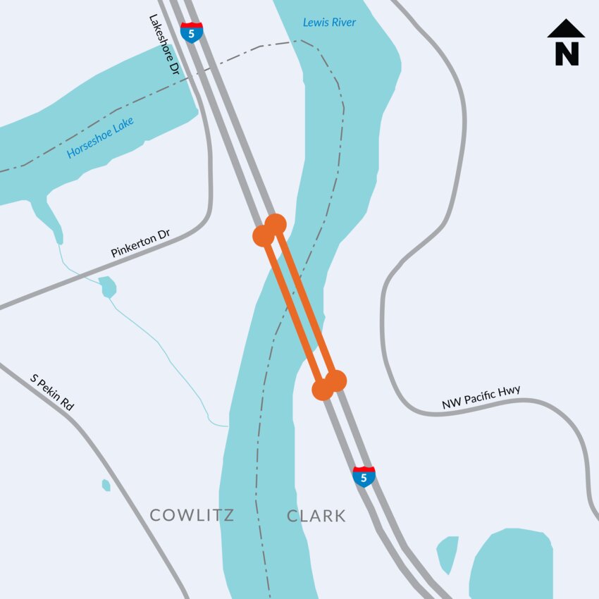 Northbound and southbound roads on the Interstate 5 North Fork Lewis River Bridge near Woodland will be repaved in the summer months. The roads will be reduced from three lanes to two narrow lanes throughout the process.