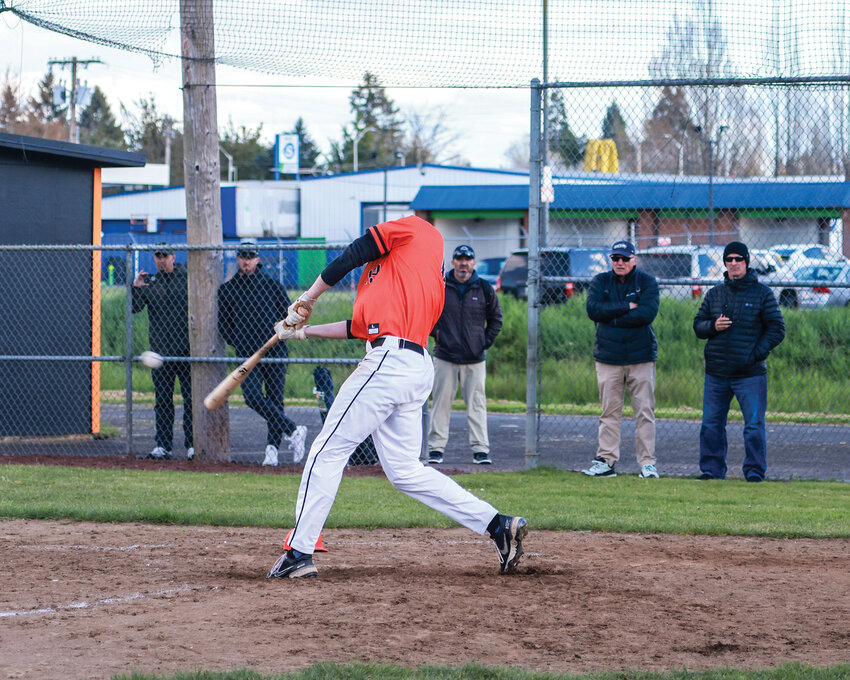 Battle Ground&rsquo;s Jackson Hotchkiss, the No. 2-ranked player in the state, hits a batting practice session with a wood bat for professional scouts after the Tigers&rsquo; 2-0 win against the Skyview Storm on Tuesday, April 16.