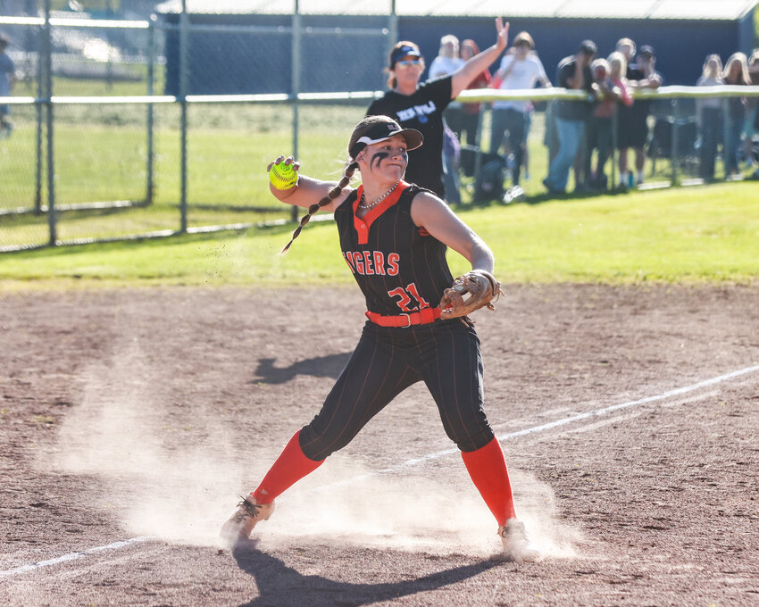 Battle Ground&rsquo;s Brooke Rausch throws a ball to first base during the Tigers&rsquo; 3-2 loss to the Skyview Storm on Friday, April 19.