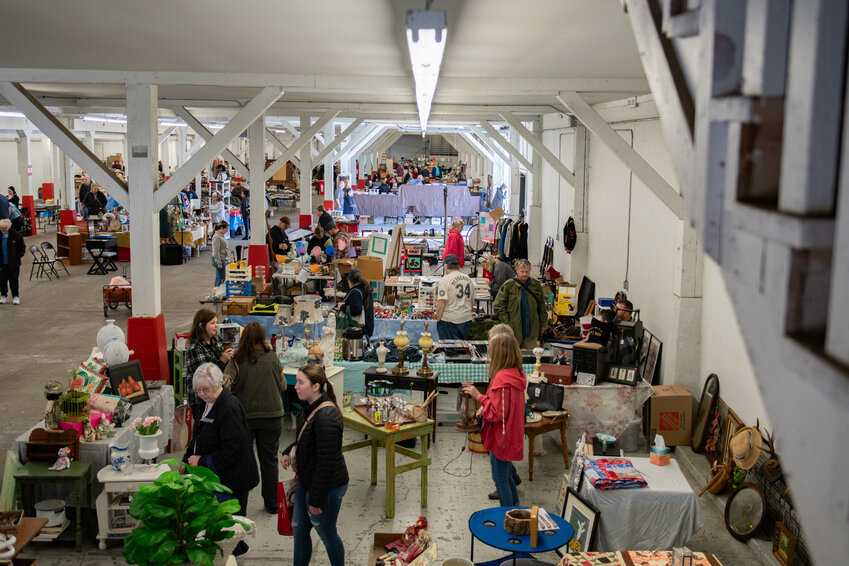 Shoppers browse hundreds of vendor tables during the Spring Community Garage Sale at the Southwest Washington Fairgrounds on Saturday, April 20. The sale opened for early bird shoppers at 8 a.m. and lasted throughout the day. To stay up to date on events at the fairgrounds, visit https://southwestwashingtonfairgrounds.org.