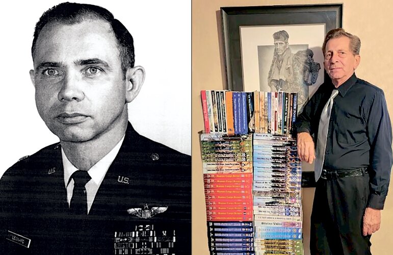 Edward Leonard is pictured at left next to a photo of author C. Douglas Sterner standing with some of the books he has authored focused on military heroes.