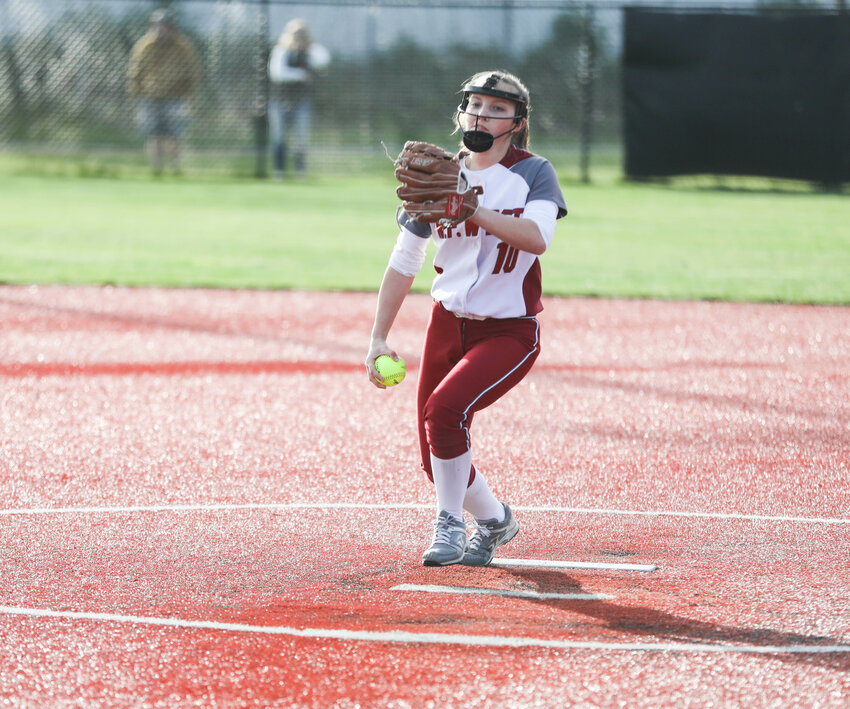 W.F. West's Taylor Tobin winds up to throw a pitch against Tumwater during an Evergreen Conference game on April 22 at Recreation Park.