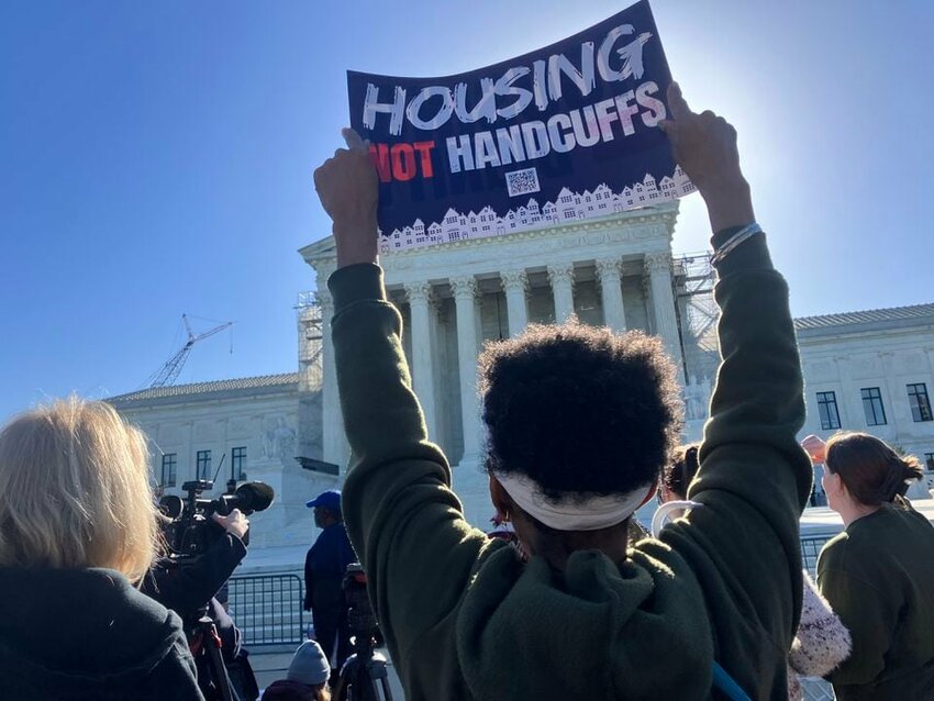 The National Homelessness Law Center organized the rally outside the Supreme Court. It started shortly before oral arguments began and continued during the hearing.